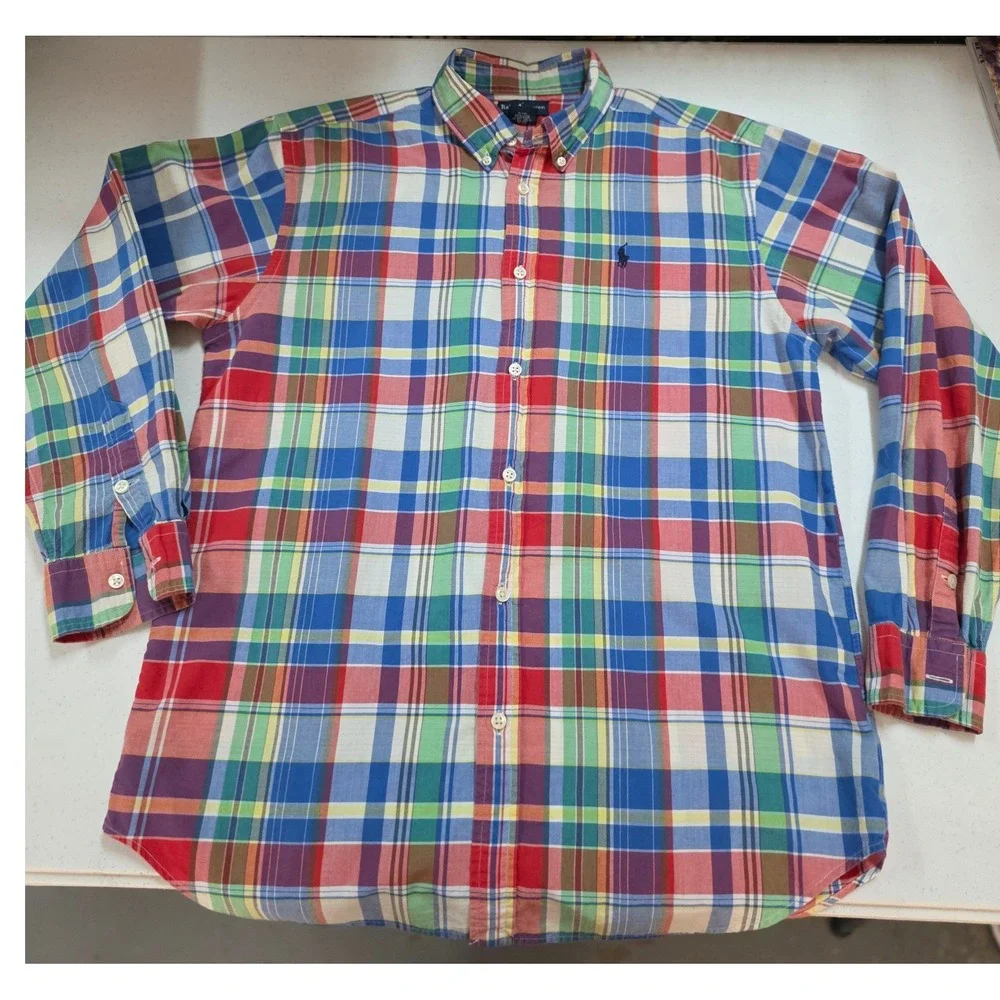 Ralph Lauren Boys XL 20 Multi Color Plaid Button Down Shirt Long Sleeve Cotton - Picture 3 of 12